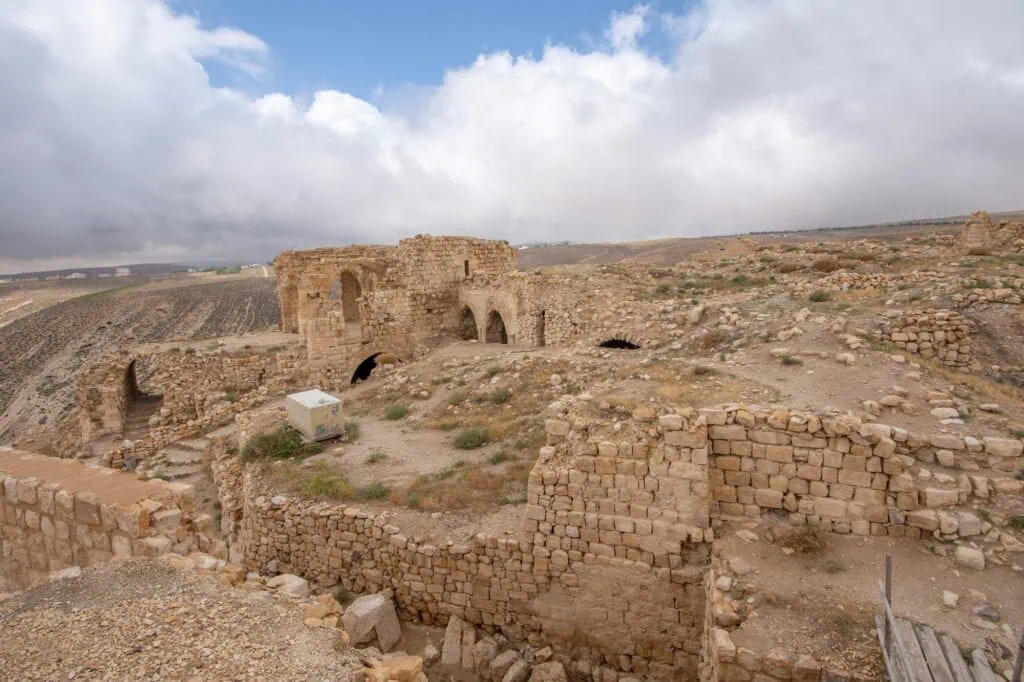 Ruins of Montreal Crusader Castle with stone walls and towers in Shoubak
