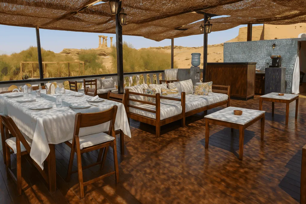 An outdoor dining table set on the wooden deck of the Sai dahabiya, with the water of Lake Nasser and the desert shoreline in the background.