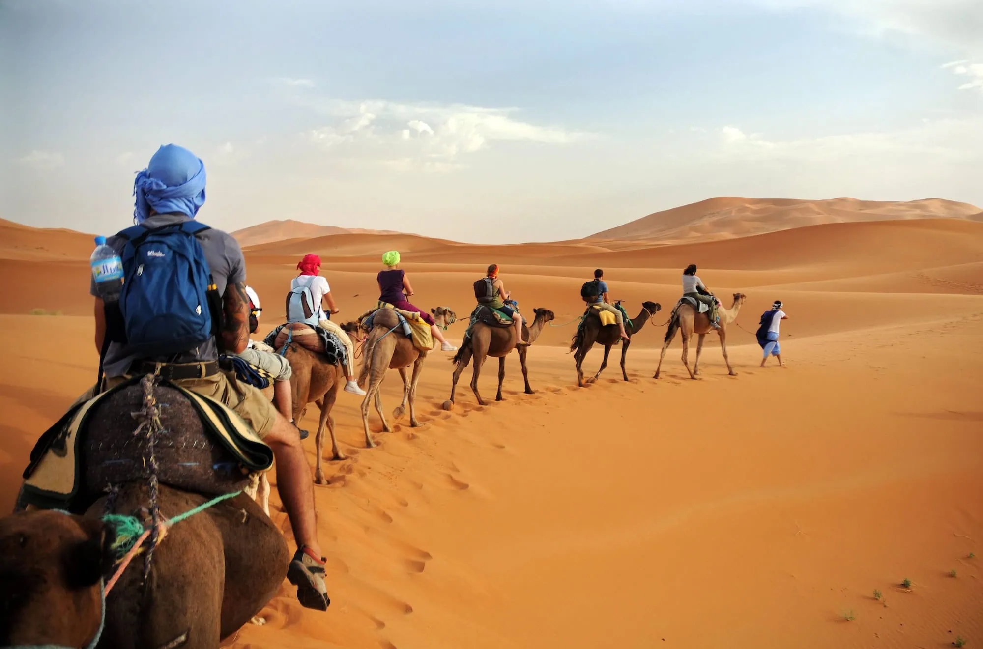 Tourist camel caravan crossing golden sand dunes in Sahara Desert expedition