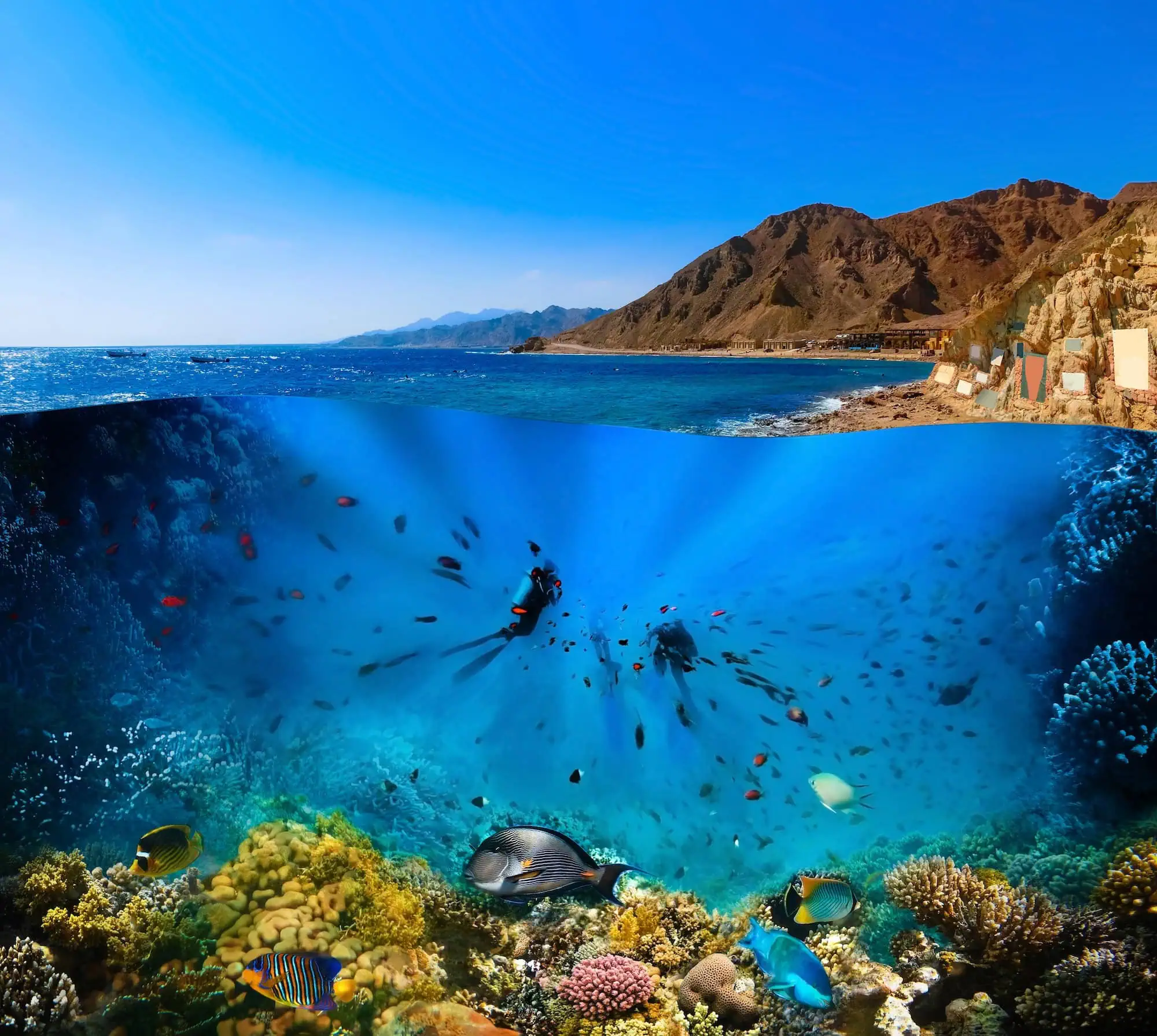 Split-screen underwater photograph of a diver at Blue Hole, Dahab, showing desert coastline above and coral reef below