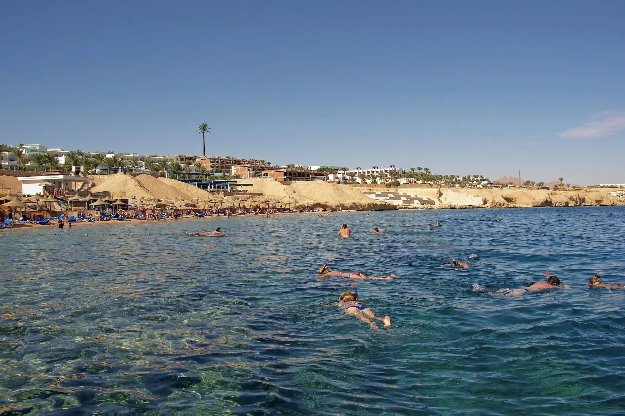 Red Sea resort beach with swimmers and snorkelers enjoying clear waters