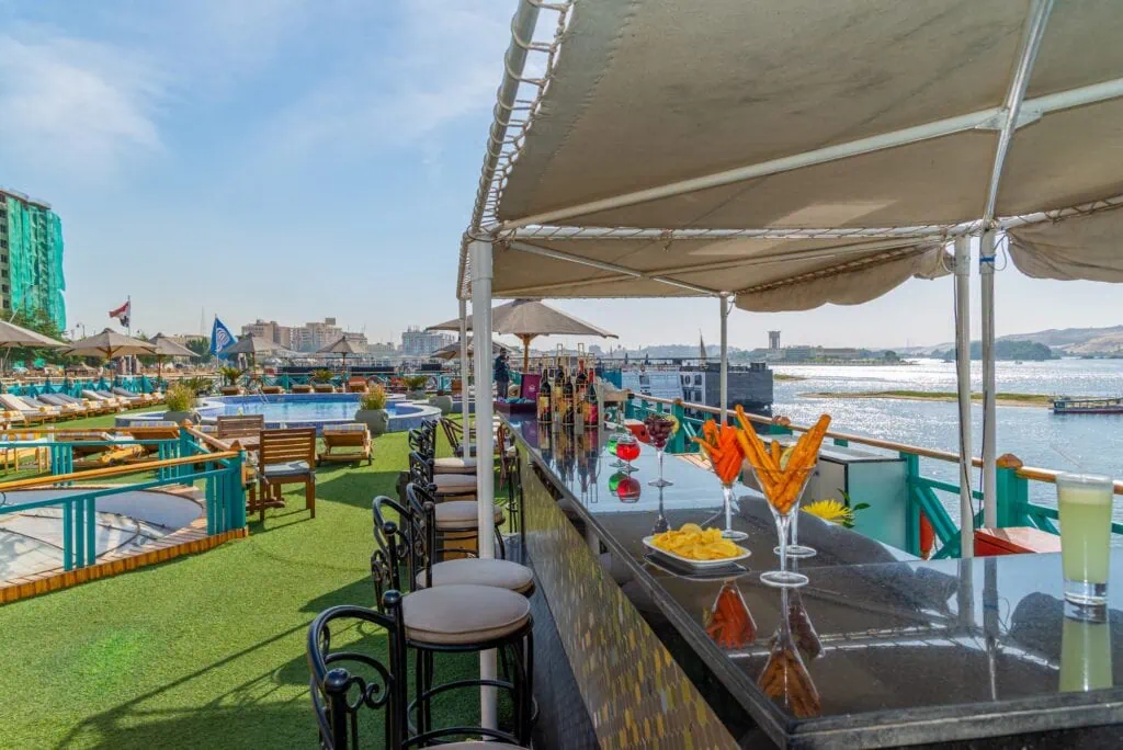 Sun deck bar on Sonesta Moon Goddess with shaded seating