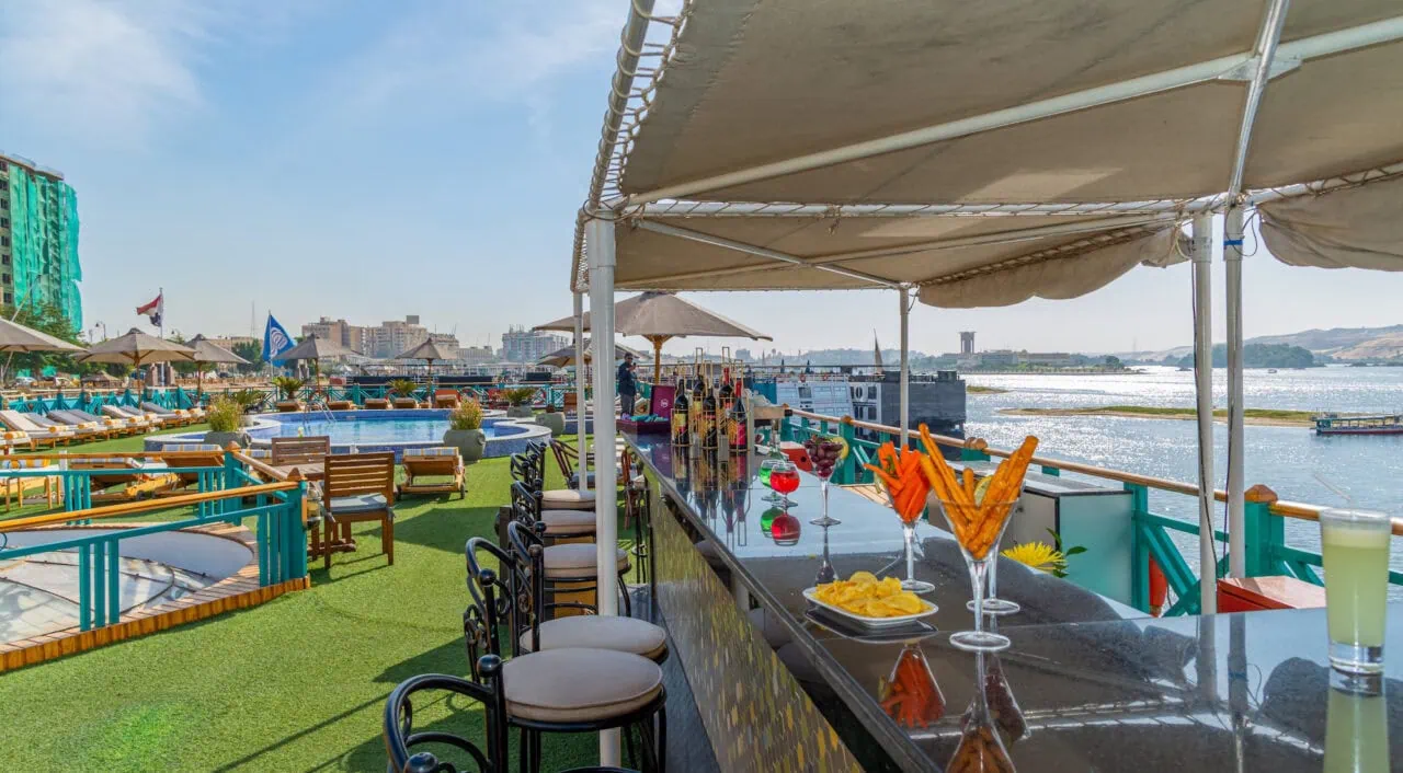 Sun deck bar on Sonesta Moon Goddess with shaded seating