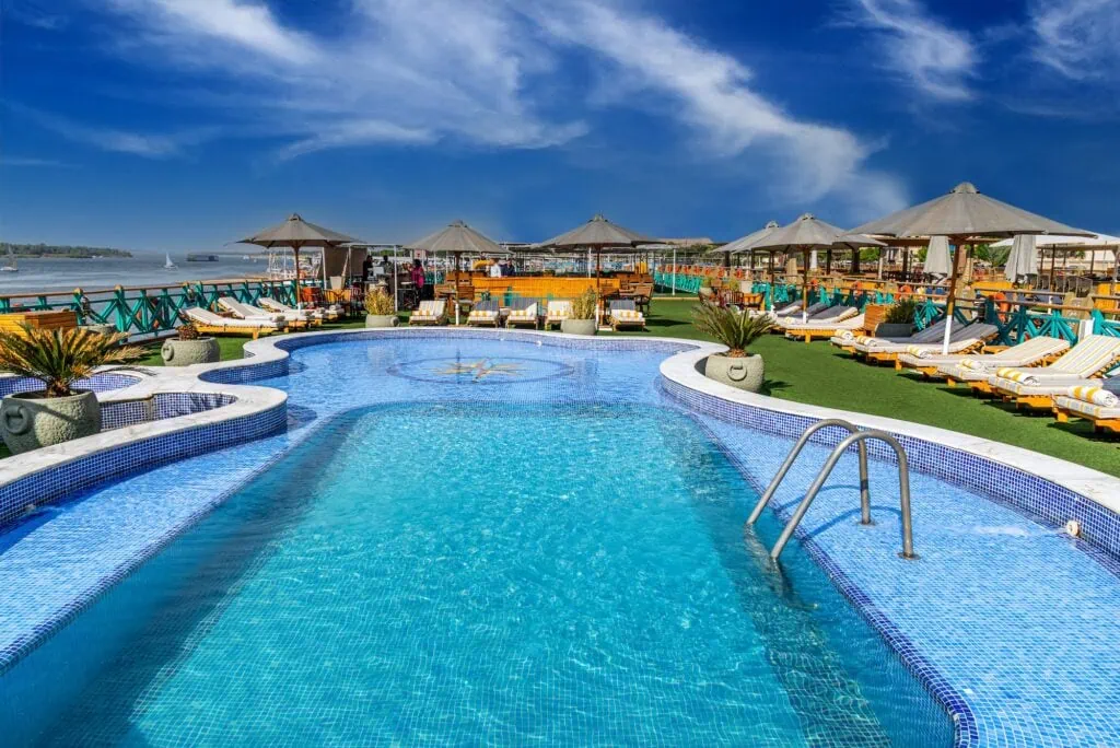 Sun-deck pool and loungers aboard the Sonesta Moon Goddess, a 5-star Luxury Nile Cruise vessel sailing the Luxor–Aswan route with 50 cabins.