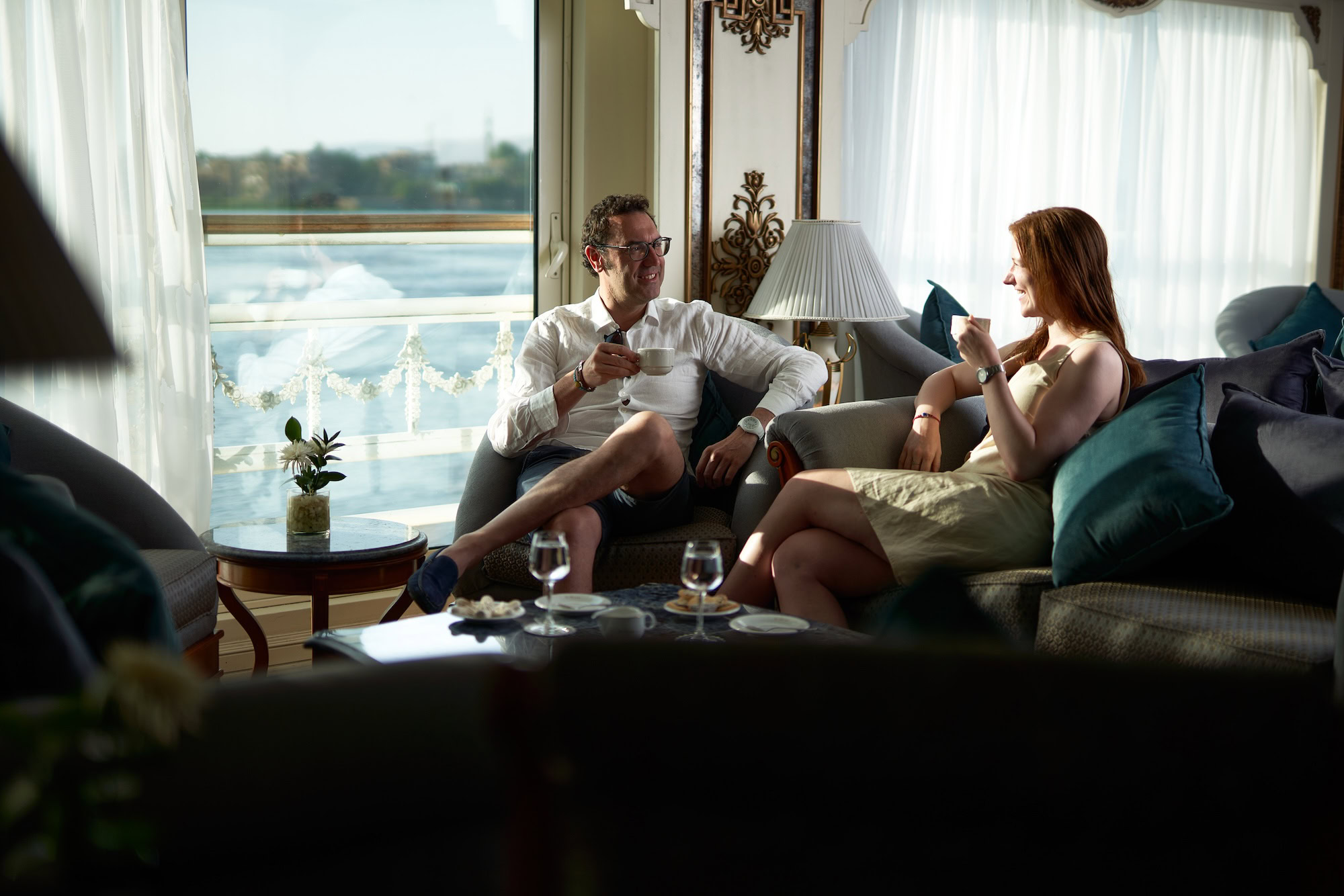 Enjoying a cup of coffee in the Nile cruise lounge