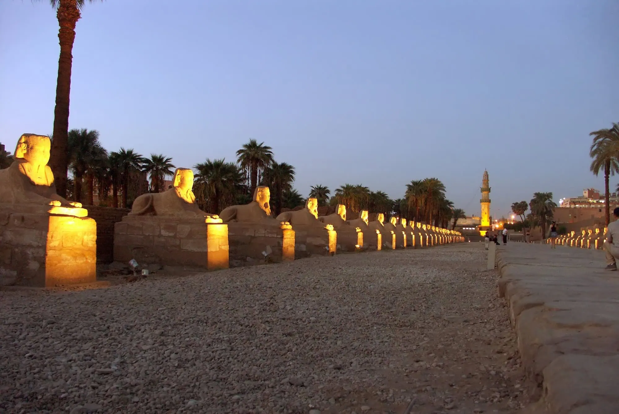 Illuminated Avenue of Sphinxes showing restored walkway with ram-headed sphinx statues