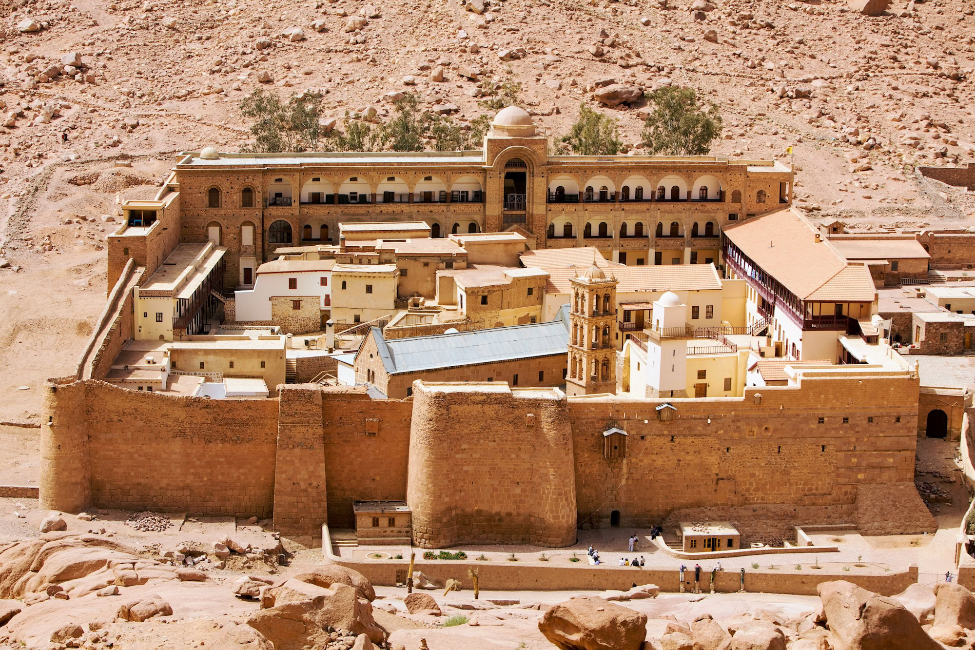 St. Catherine's Monastery with fortress walls and bell tower in Sinai mountains