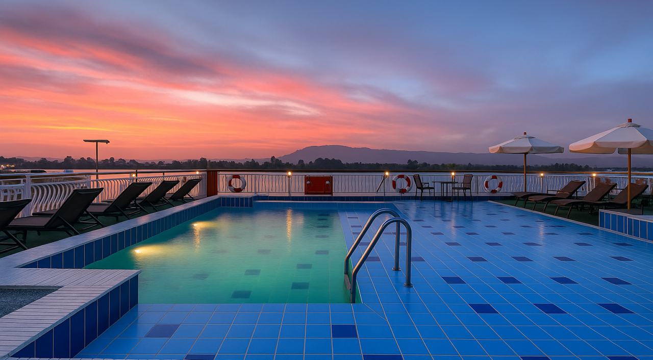 Pool on MS Steigenberger Minerva illuminated at night with soft lighting