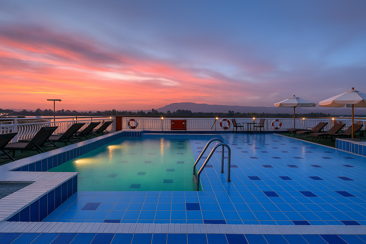 Pool on MS Steigenberger Minerva illuminated at night with soft lighting