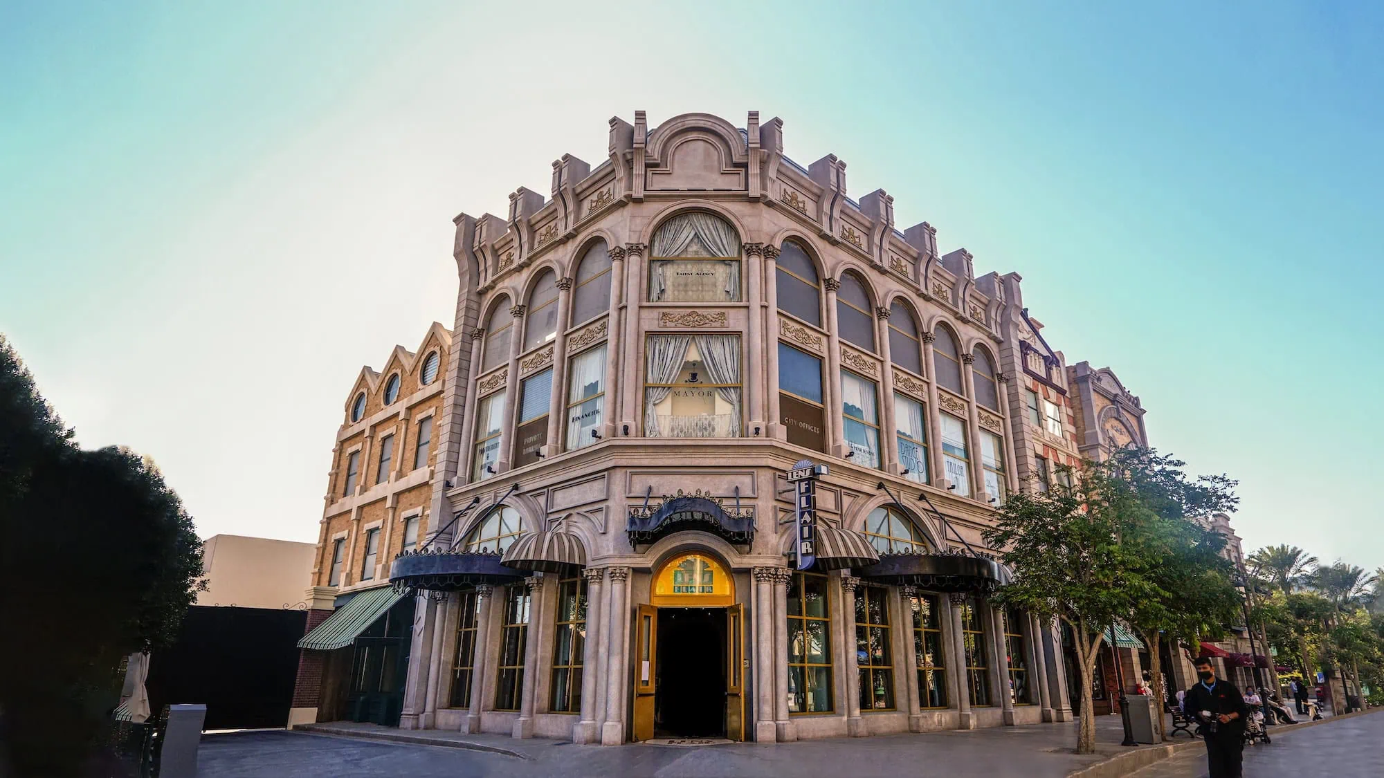 Victorian-style theme park building at Motiongate Dubai with ornate architecture and palm trees