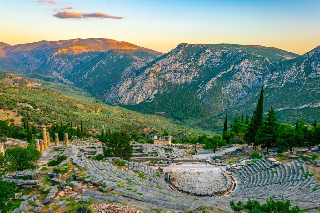 Sunset view of Delphi’s historic theatre