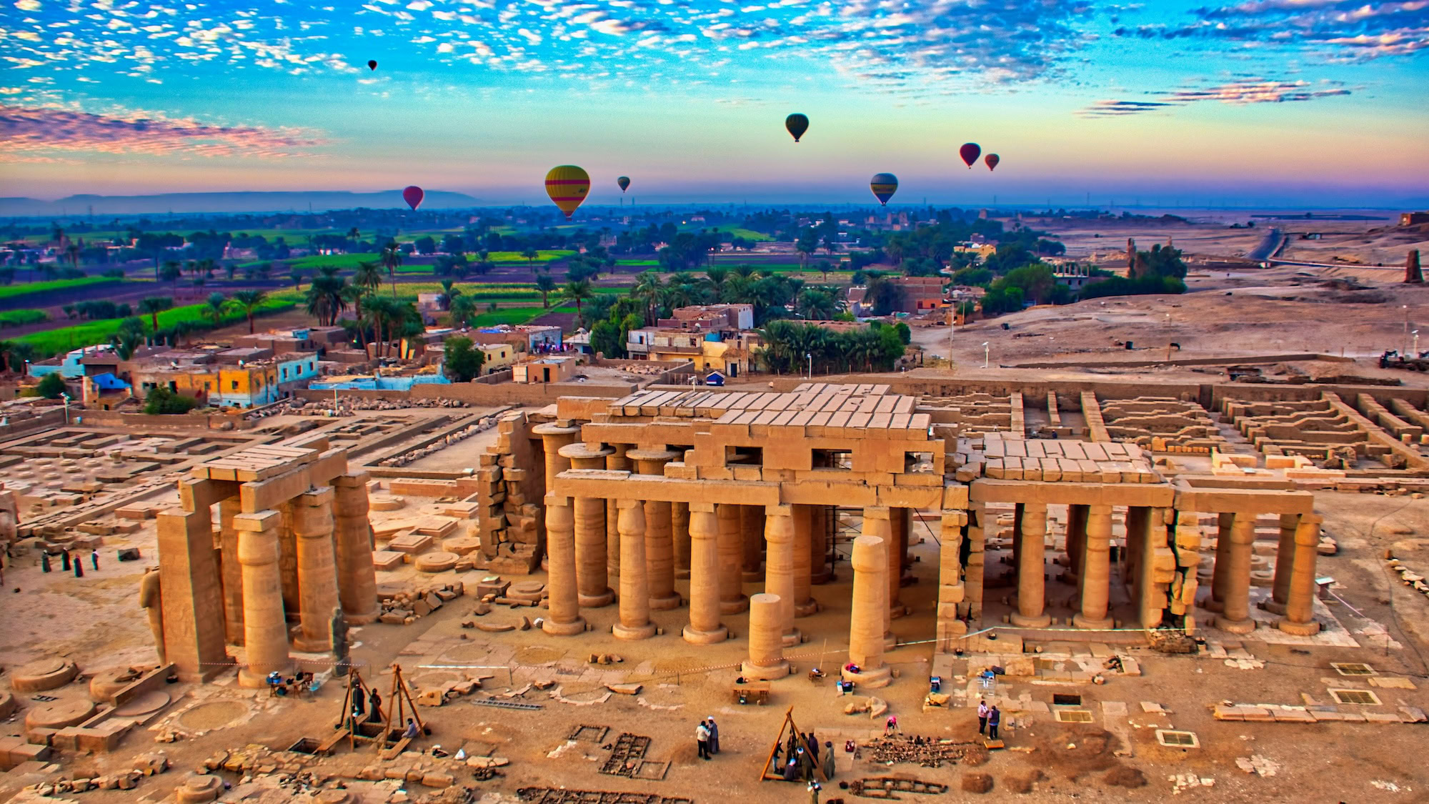 Aerial view of Karnak Temple Complex in Luxor, Egypt, showing ancient ruins and columns