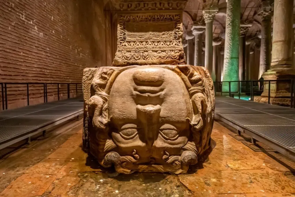 Medusa head column bases in Basilica Cistern Istanbul