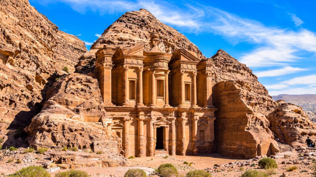 The Monastery Ad Deir an example of Nabataean classical style Petra Jordan. Panormaic view from surronding cliffs. 2