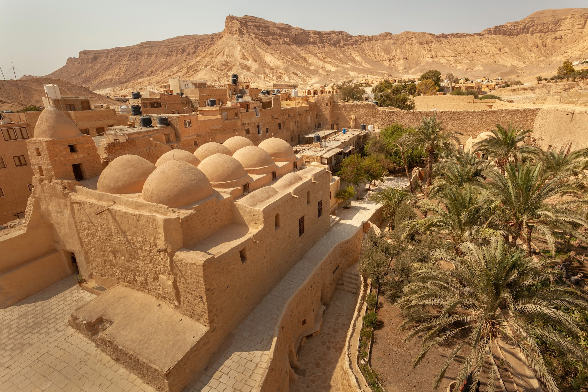 Traditional mud brick village in Siwa Oasis with palm trees and desert cliffs