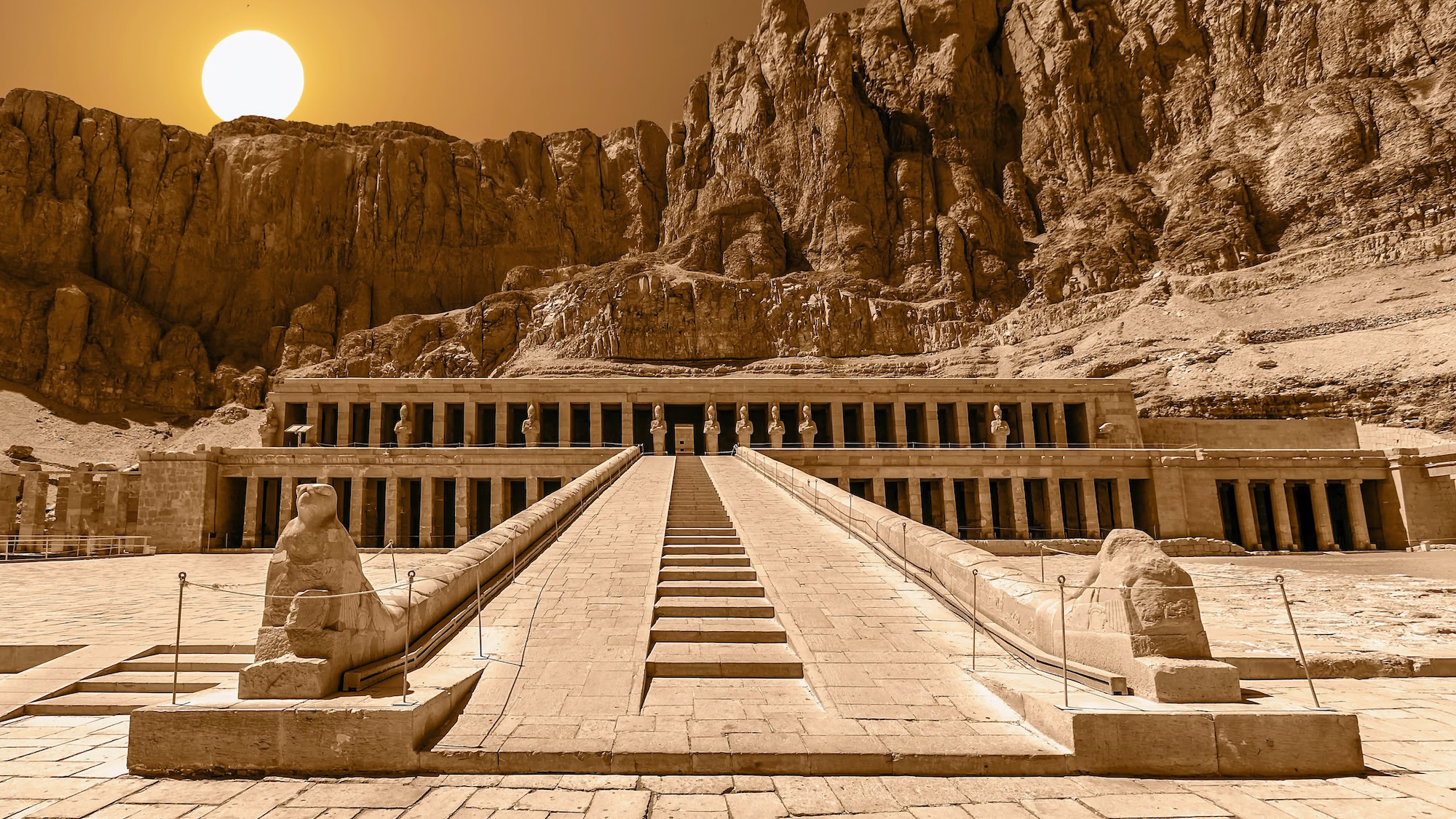 Sphinx statues and terraced architecture of Queen Hatshepsut's Temple