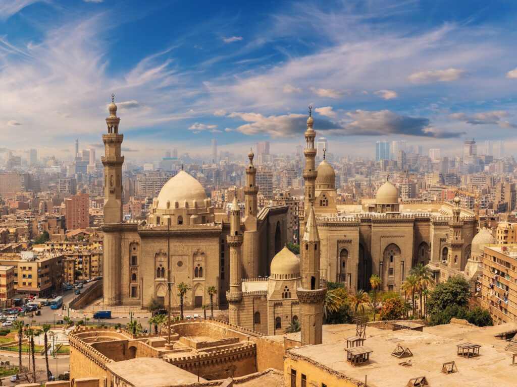 Mosque-Madrasa of Sultan Hassan at sunset near the Citadel, Cairo