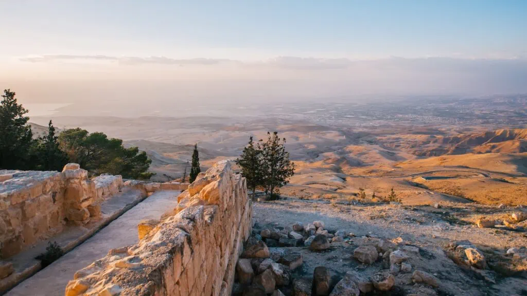 The Mount Nebo in Jordan on sunset.
