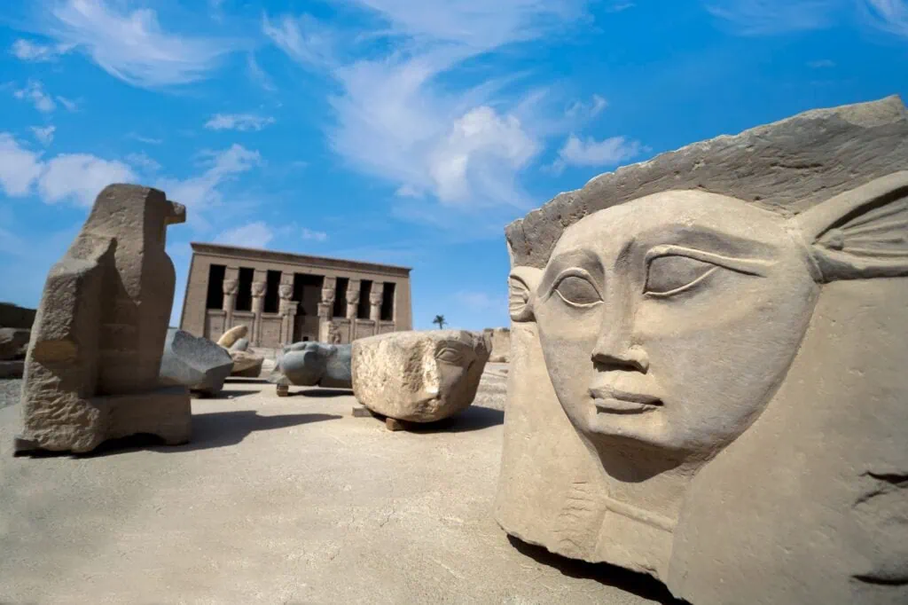Face of the Egyptian goddess Hathor on a column capital at the Dendera Temple Complex, Egypt