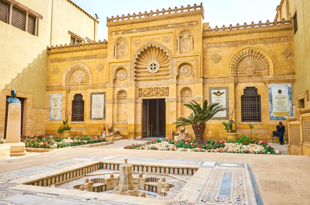 The building of Coptic Museum richly decorated with carved patterns in early christian style with inscriptions in Greek and Arabic languages
