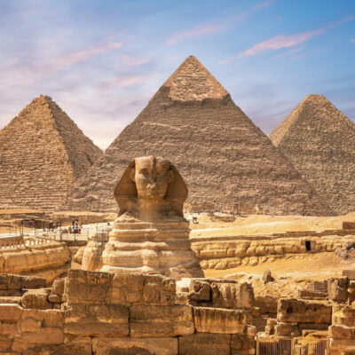 The Great Sphinx beside the Pyramids of Giza in Egypt – iconic ancient monument featured on Egypt tours from Philadelphia.