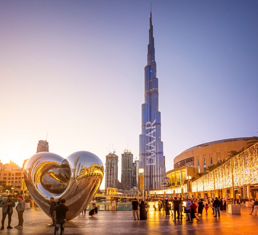 The impressive and ultramodern architecture of Dubai in the United Arab Emirates at sunset