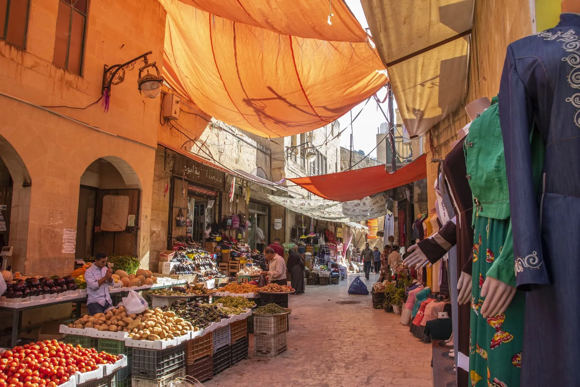 Traditional stone buildings and market street in As-Salt, Jordan