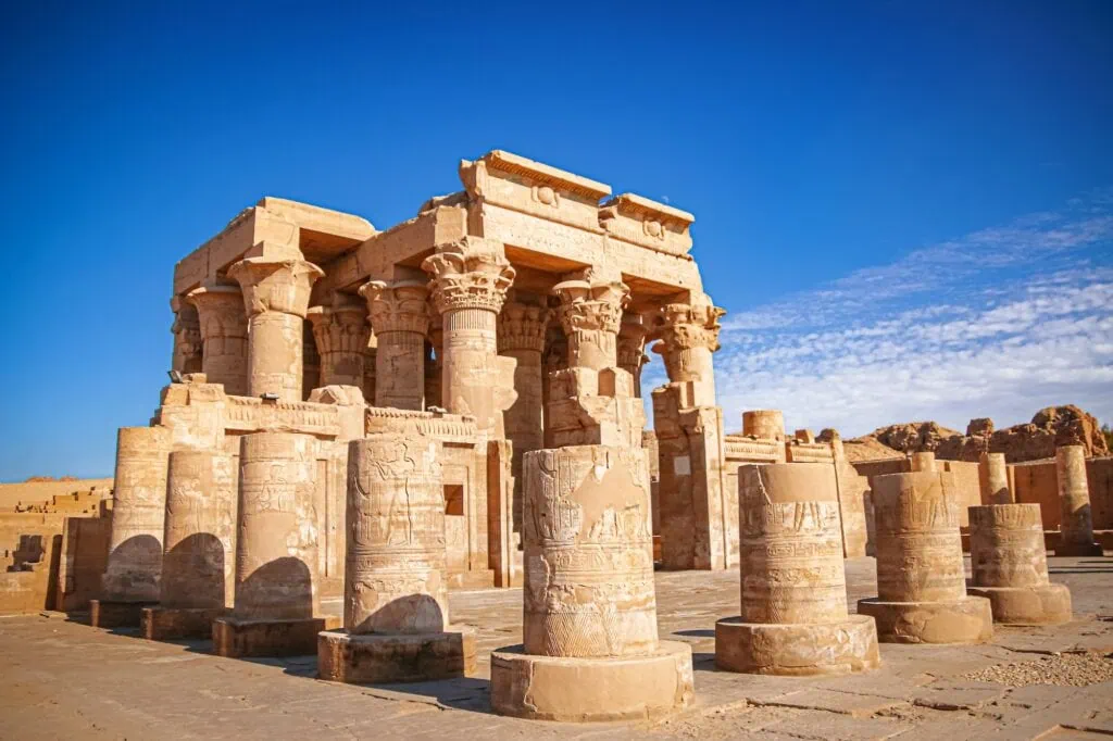 The columns and reliefs of the double Temple of Kom Ombo on the banks of the Nile between Edfu and Aswan, Egypt.