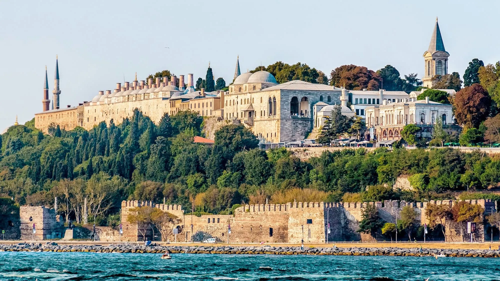 Panoramic view of Topkapi Palace complex overlooking the Bosporus strait in Istanbul