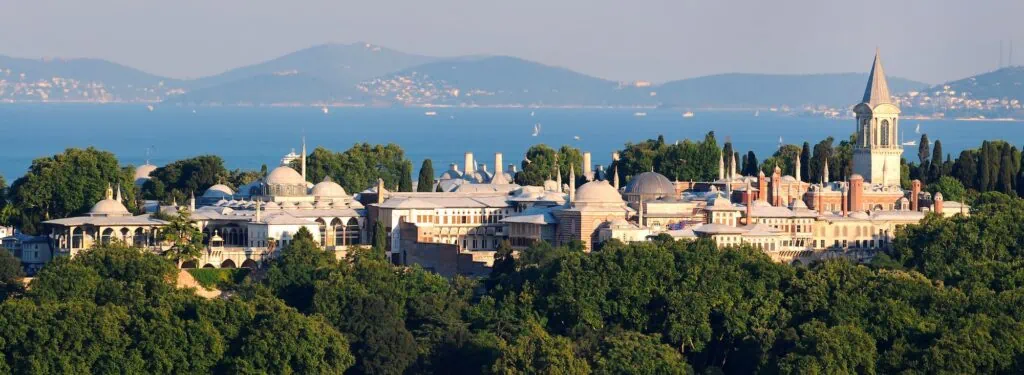 View of Topkapi Palace complex on the Sarayburnu promontory in Istanbul, Turkey — Ottoman sultans' primary residence for nearly four centuries, with the Sea of Marmara and the Princes' Islands visible in the background