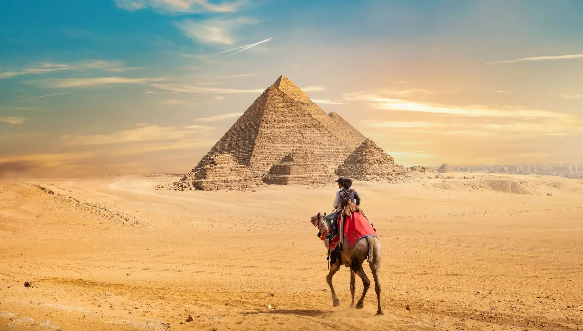 A camel and rider at the Pyramids of Giza at sunset, Egypt — silhouettes of the camel against the desert plateau and the three Giza pyramids in the background