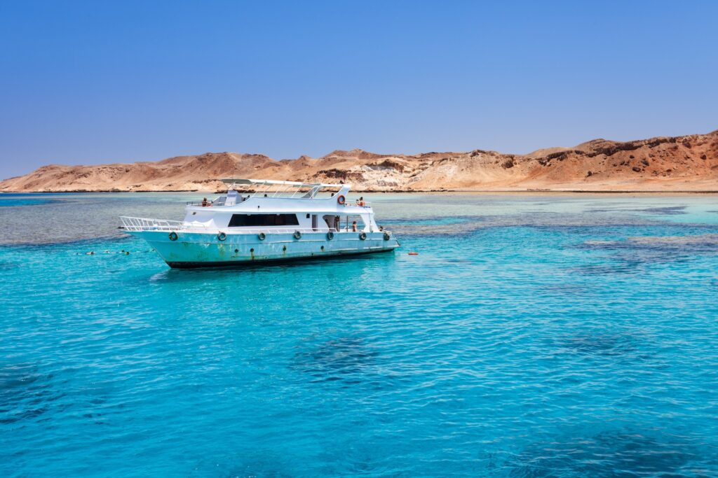 Tourist cruise boat on Red Sea near Tiran Island
