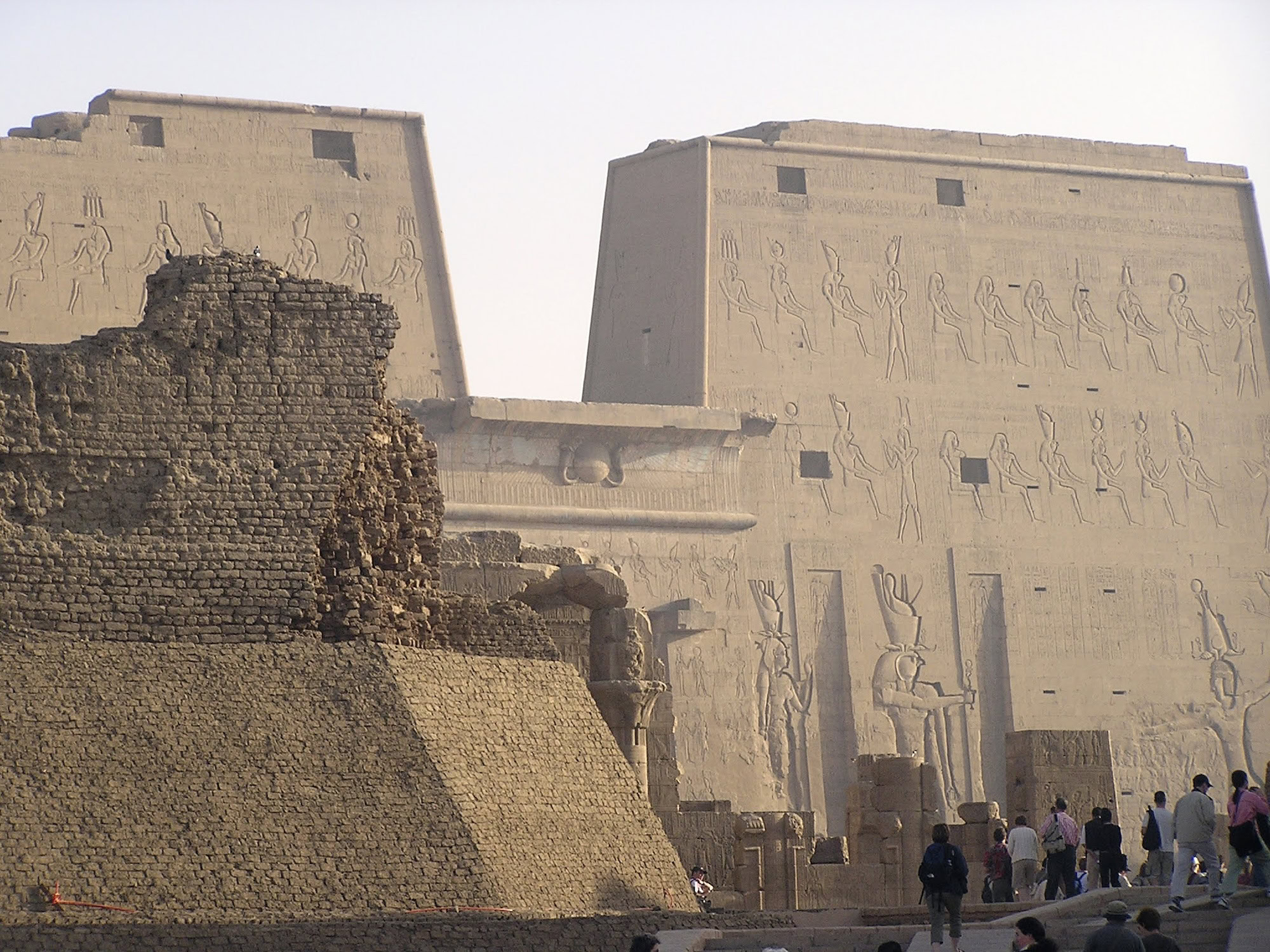 Ancient Egyptian Temple of Horus at Edfu with towering stone pylons and hieroglyphic carvings