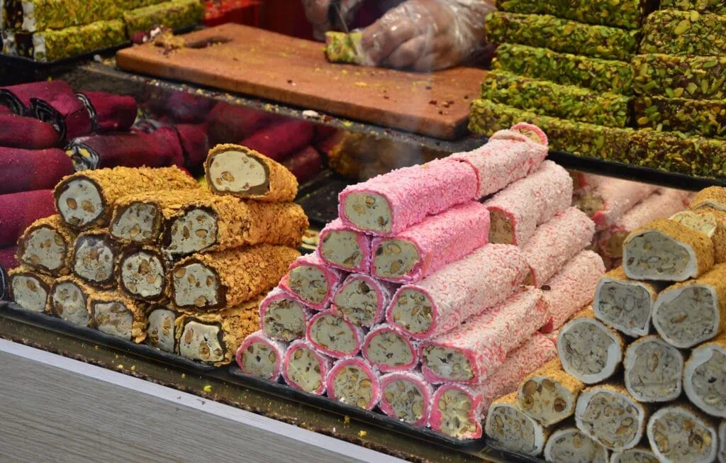 Turkish delight stacked in trays