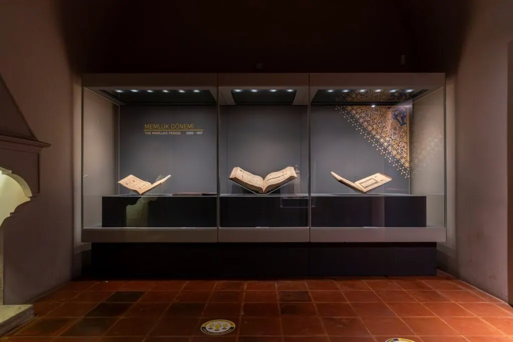 Glass display cases with illuminated manuscripts in the Islamic Arts Museum Istanbul