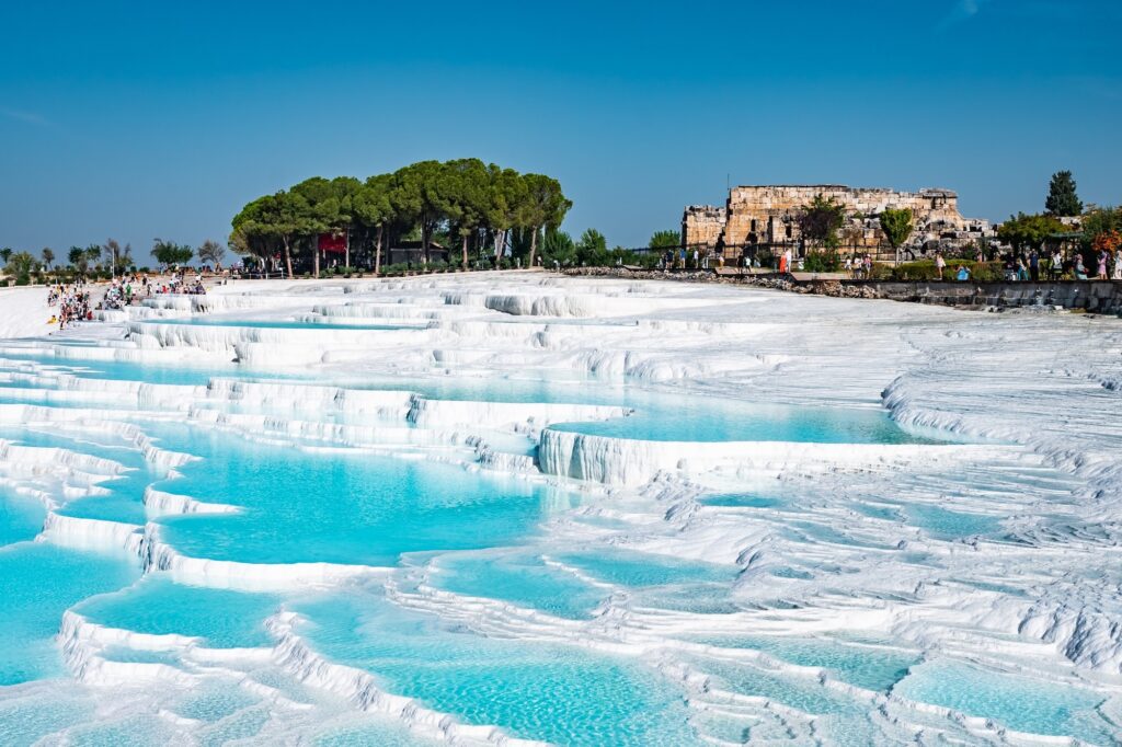 Turquoise pools in travertine terraces at Pamukkale