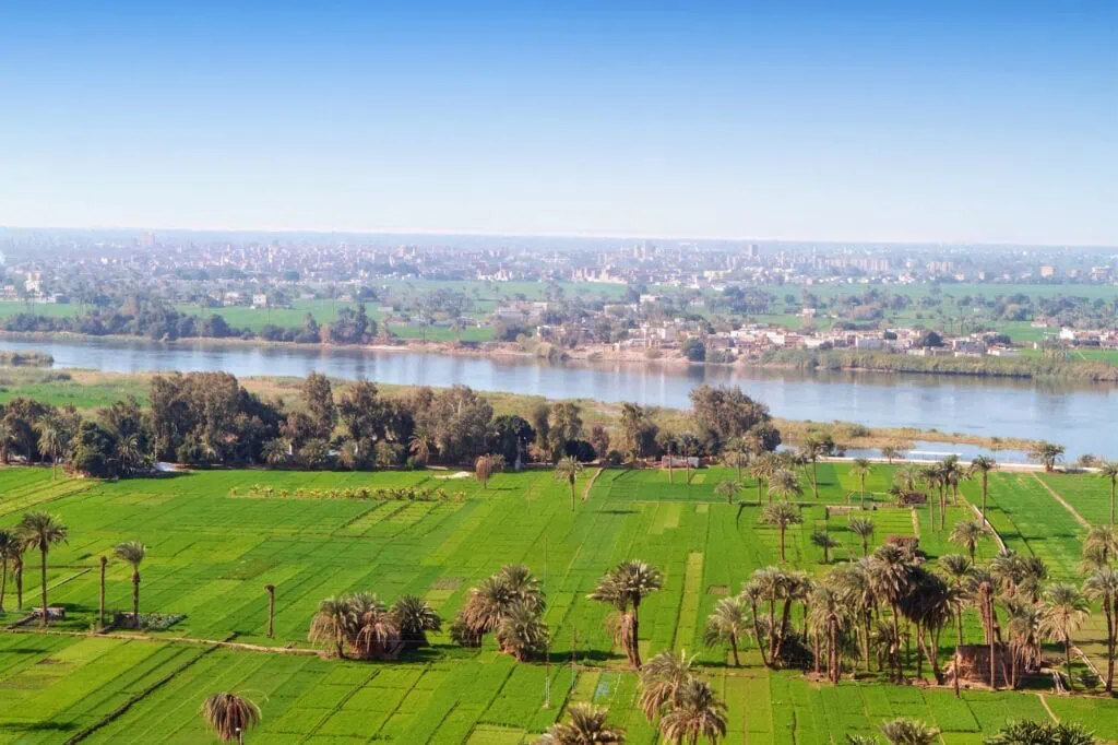 Cultivated agricultural fields with palm trees and irrigation canals along the Nile floodplain in Middle Egypt, near El Minya, with the river visible in the distance. Long Nile cruises.
