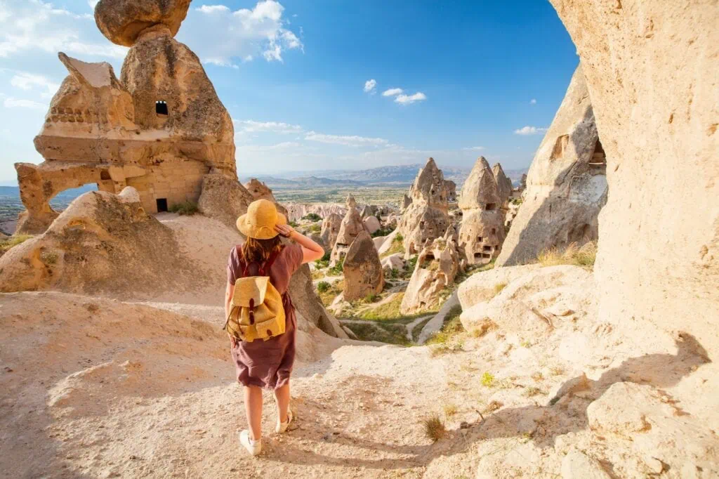 Rock formations and fairy chimneys near Uçhisar Castle, Cappadocia, Turkey