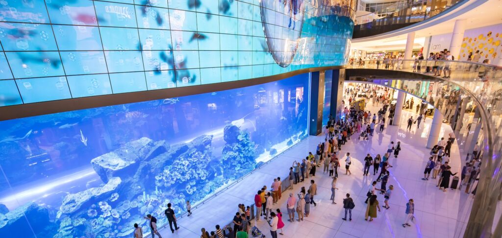 Large underwater aquarium inside Dubai Mall