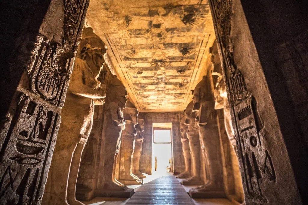 The carved interior hall of the Great Temple of Abu Simbel, reached by Lake Nasser cruise on a 12-day Egypt tour, southern Egypt.