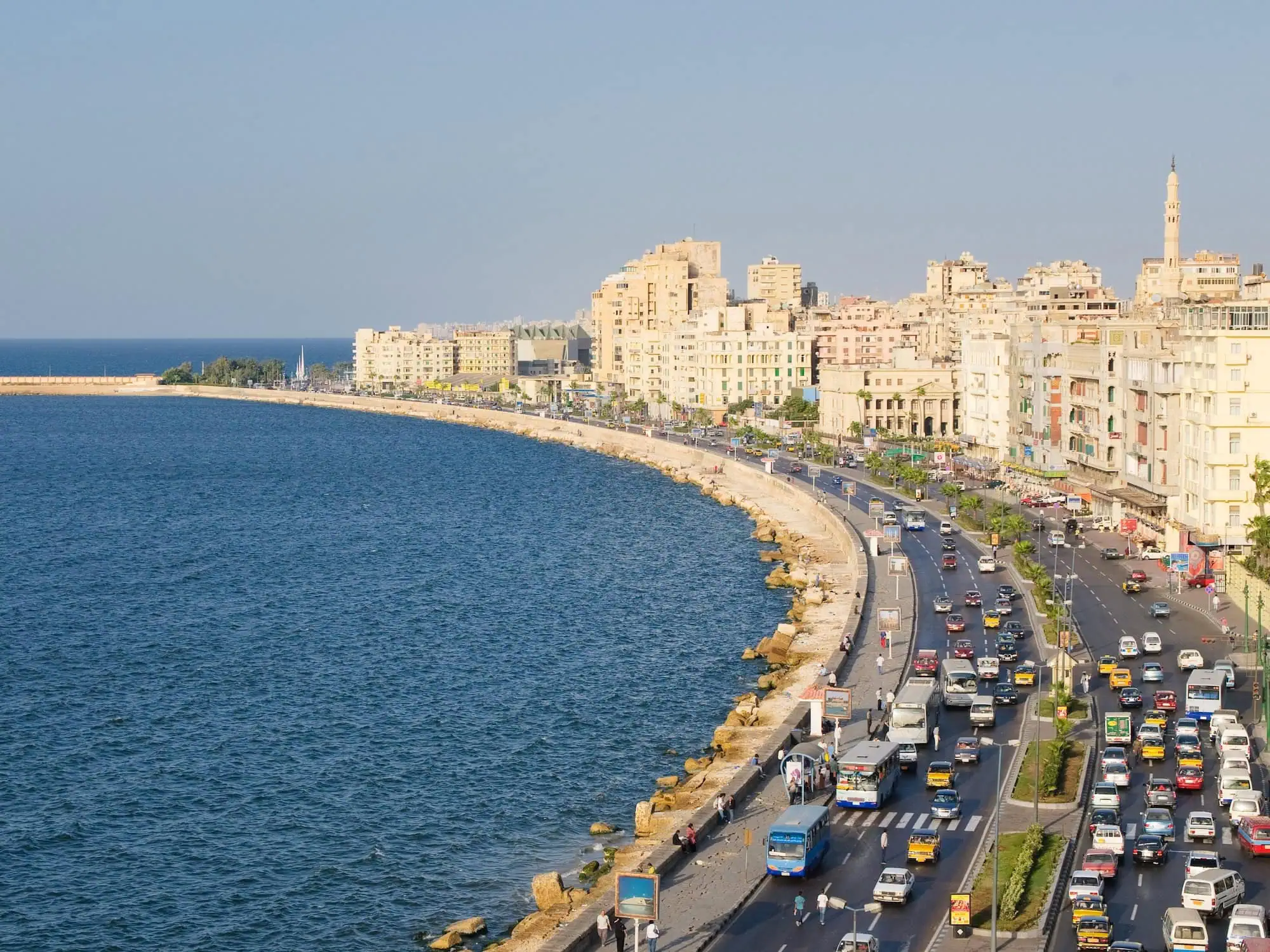 Aerial view of Alexandria's Mediterranean coastline showing the Corniche and waterfront buildings