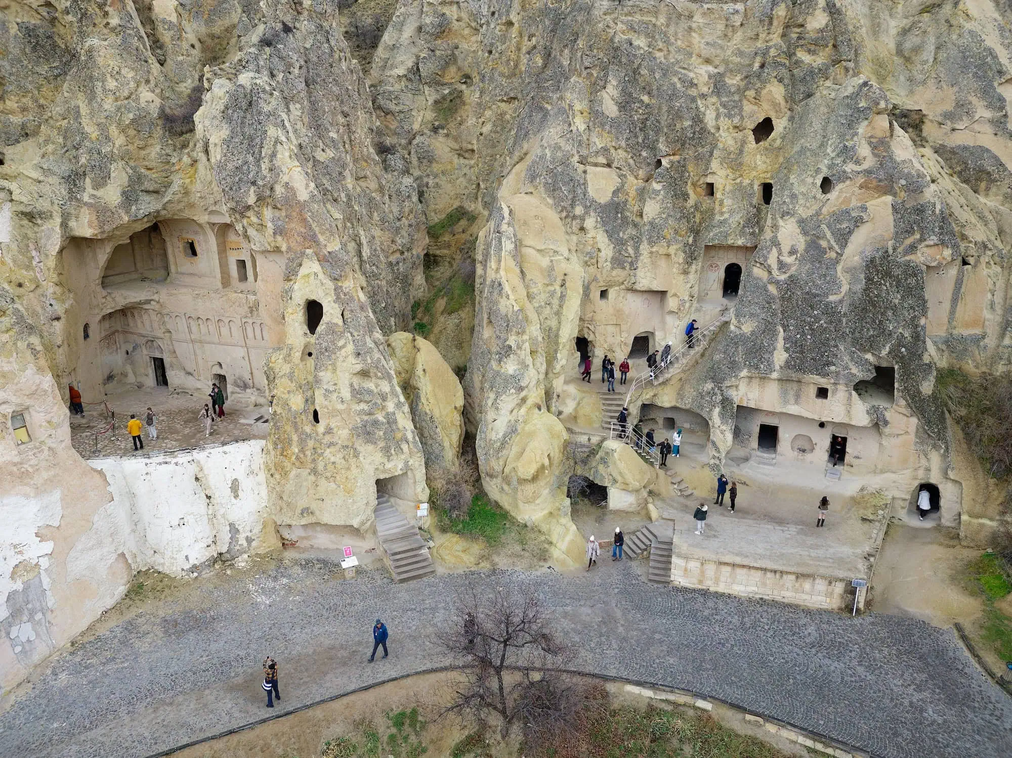 Ancient cave churches carved into volcanic rock formations at Göreme Open Air Museum in Cappadocia