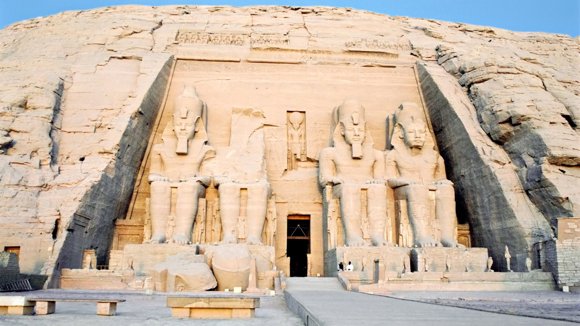 Colossal pharaoh statues at the entrance of Abu Simbel Temple in Egypt