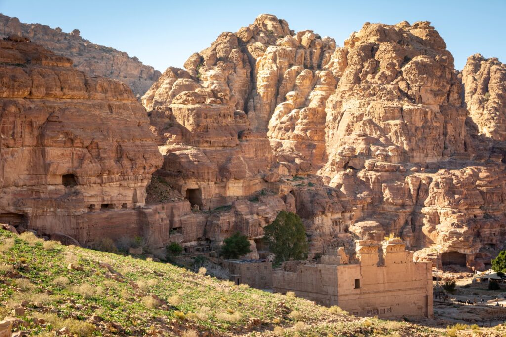 View on Petra Temple of Dushares and Bedouin caves and architecture in Jordan