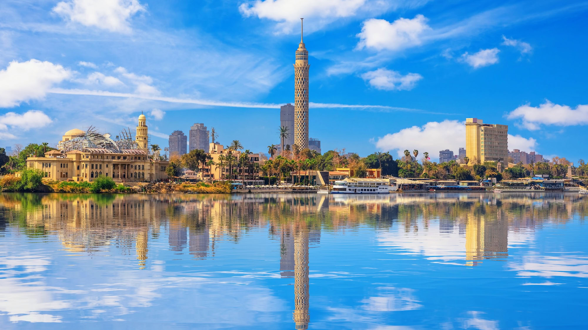 View on the Cairo Tower at cloudy day Gezira island in the Nile Egypt