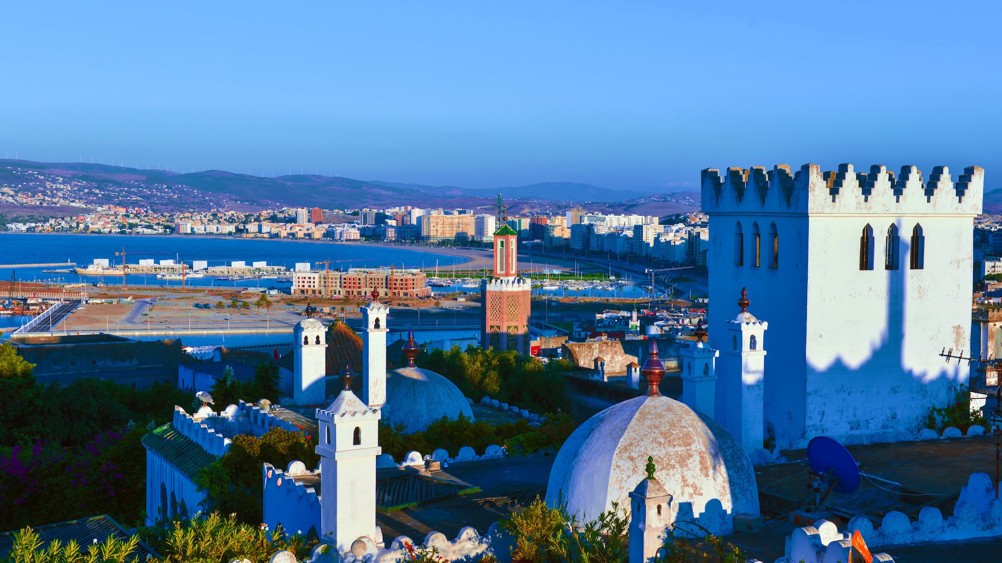 Tangier's Kasbah fortress overlooking the harbor and coastline with traditional Moroccan architecture