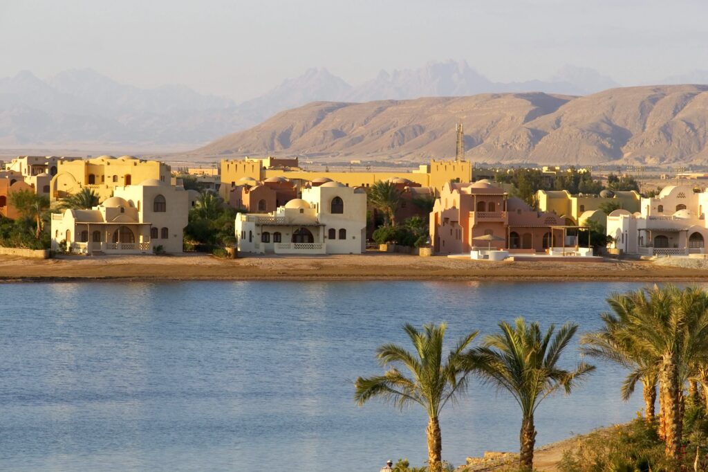 Waterfront villas lining a calm lagoon in El Gouna