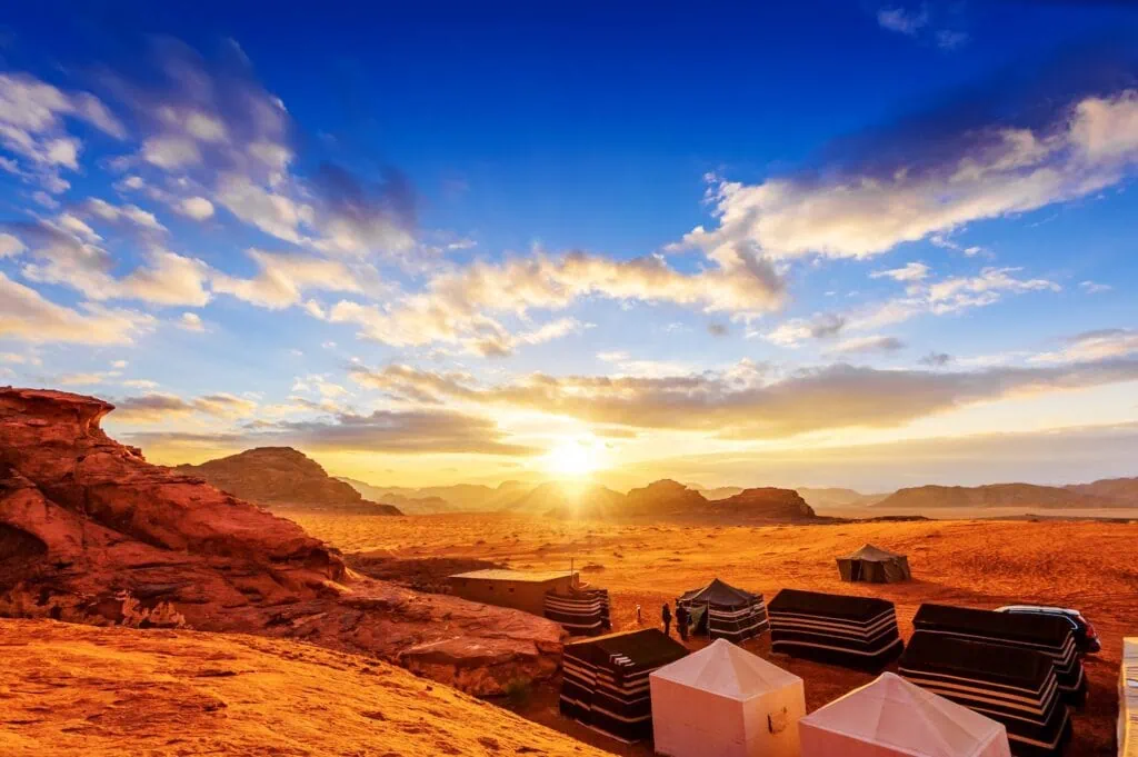 Wadi Rum in Jordan at sunset.