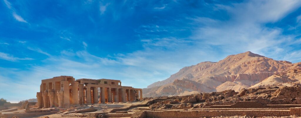 Wide-angle view of the Ramesseum Temple in Luxor, Egypt