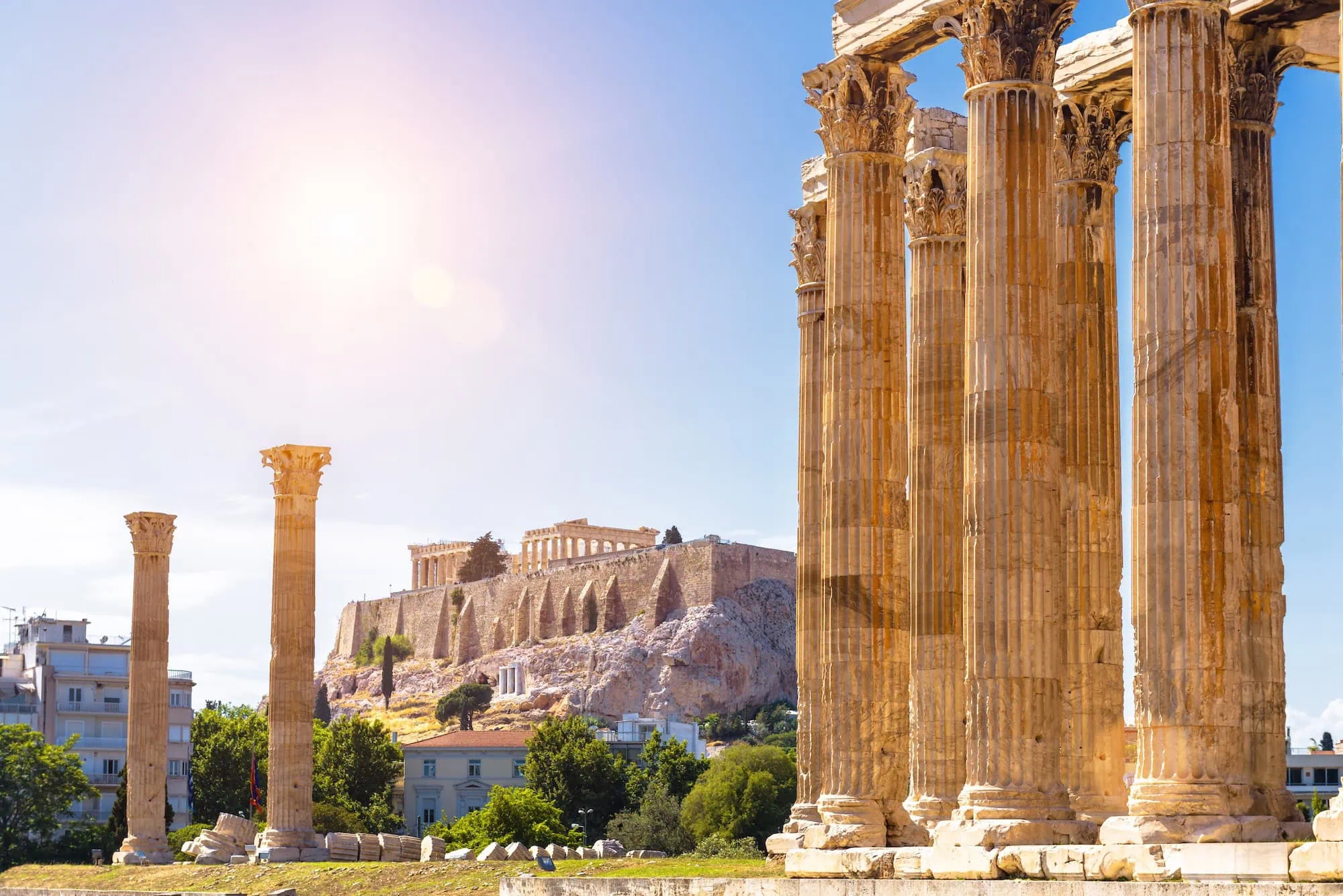 Ancient Parthenon temple with Doric columns on Athens Acropolis hill
